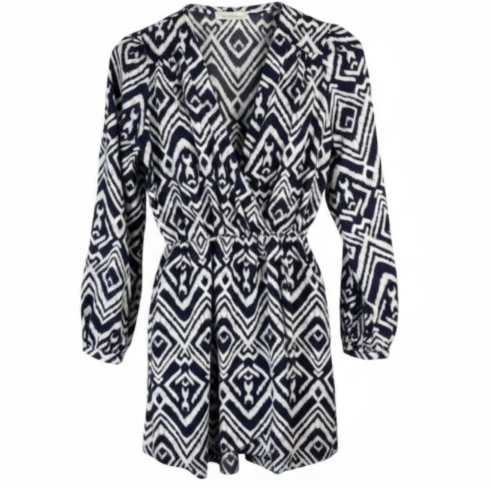 HONEY BELLE Print Crossover Mini Dress Navy Print V-neck Long Sleeve Boho Size S